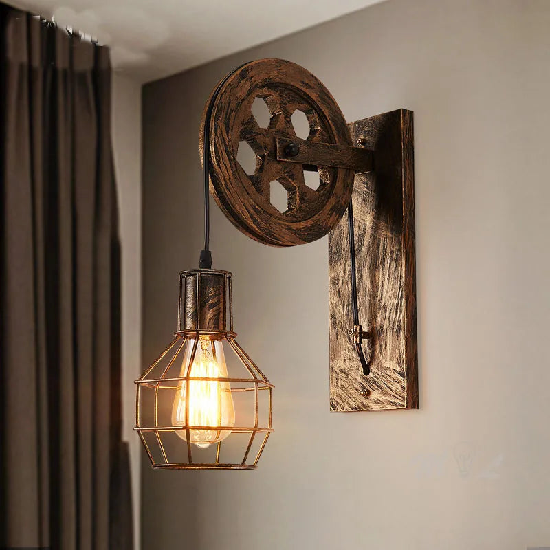 Vintage Pulley Wall Lamp – Retro Industrial LED Sconce for Bedroom & Mirror Lighting