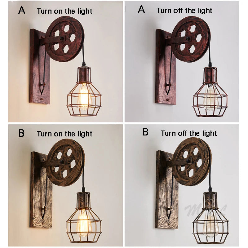 Vintage Pulley Wall Lamp – Retro Industrial LED Sconce for Bedroom & Mirror Lighting
