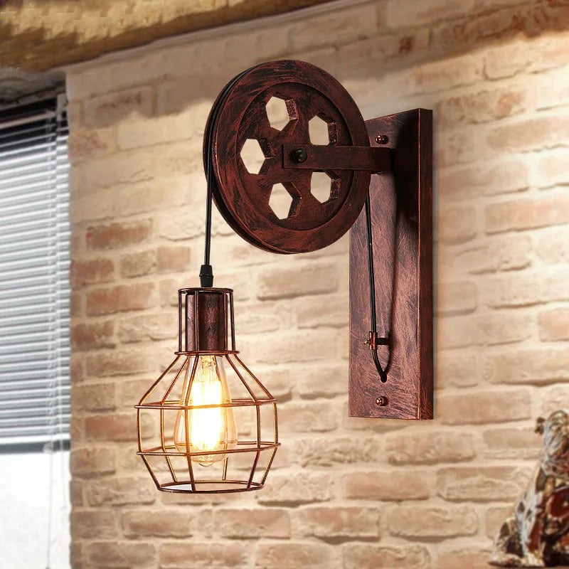 Vintage Pulley Wall Lamp – Retro Industrial LED Sconce for Bedroom & Mirror Lighting