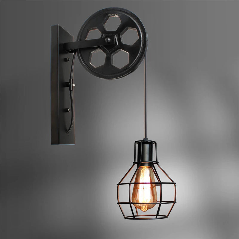 Vintage Pulley Wall Lamp – Retro Industrial LED Sconce for Bedroom & Mirror Lighting
