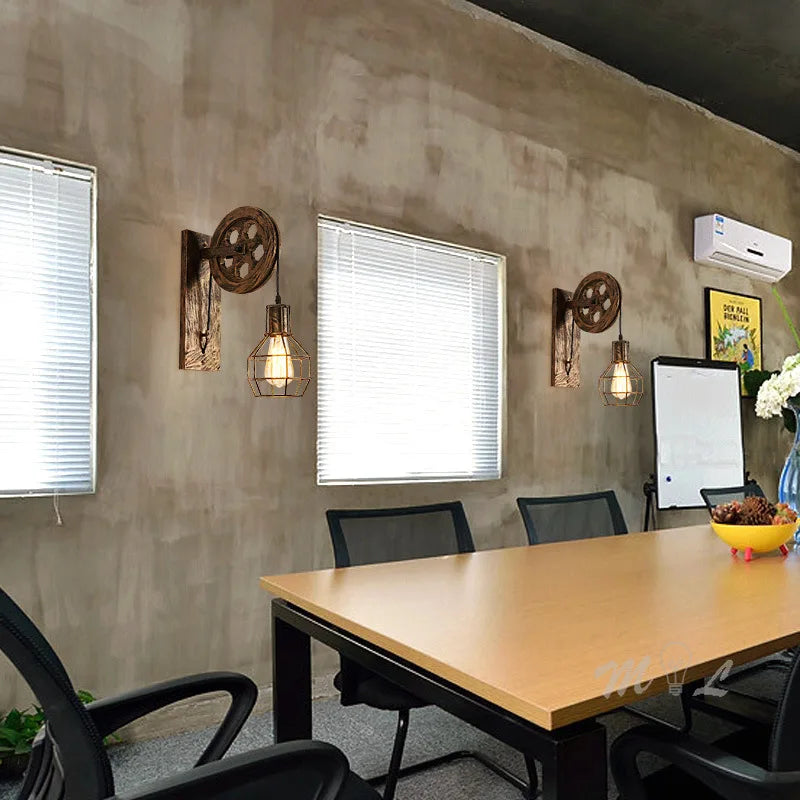 Vintage Pulley Wall Lamp – Retro Industrial LED Sconce for Bedroom & Mirror Lighting