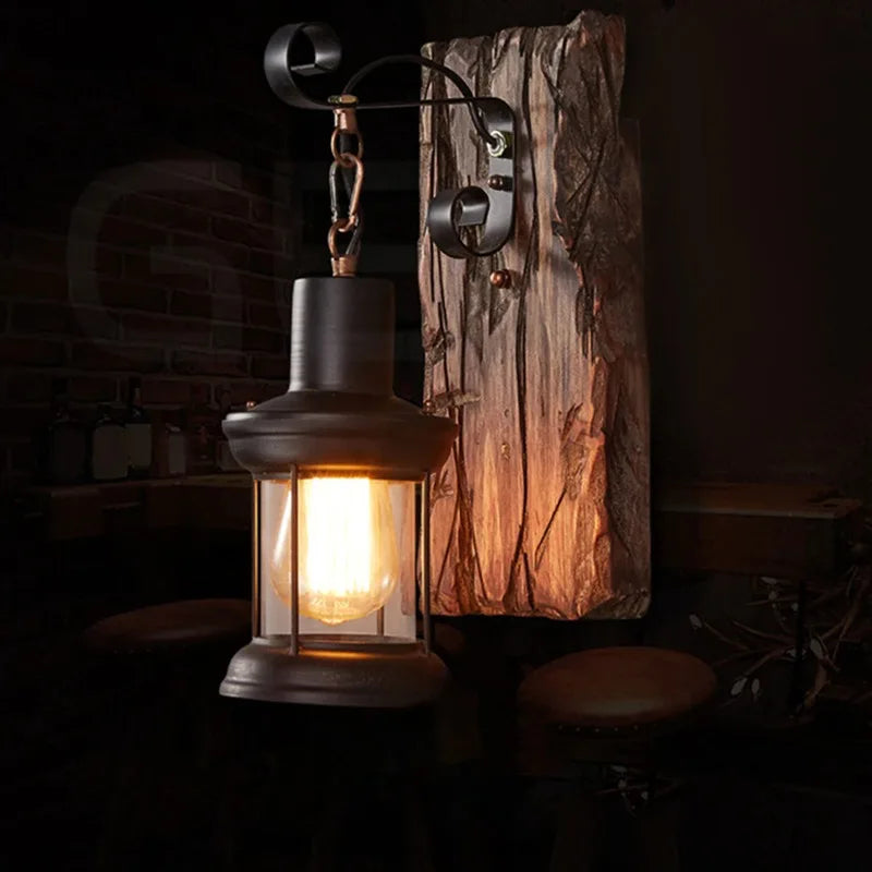 Premium Rustic Industrial Wall Sconce – Vintage Wood & Iron Lamp