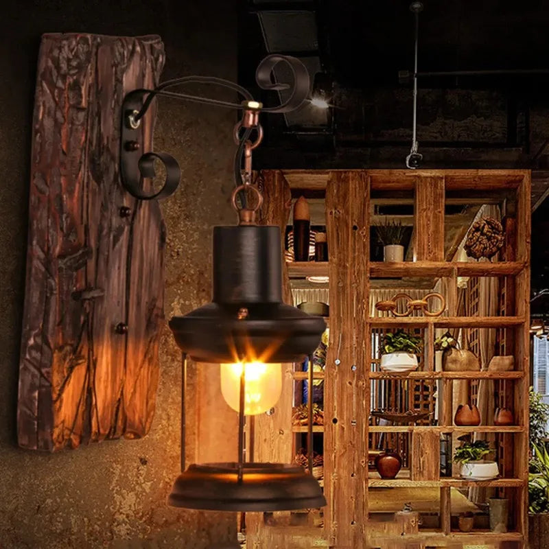 Premium Rustic Industrial Wall Sconce – Vintage Wood & Iron Lamp