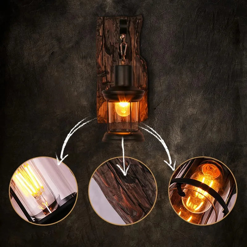 Premium Rustic Industrial Wall Sconce – Vintage Wood & Iron Lamp