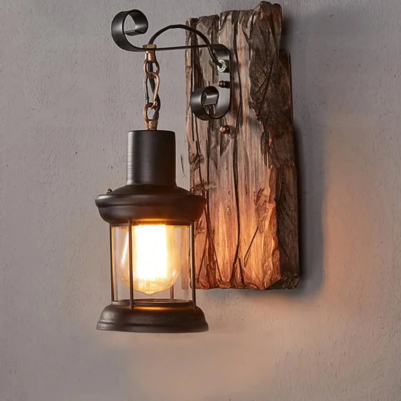 Premium Rustic Industrial Wall Sconce – Vintage Wood & Iron Lamp
